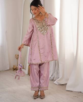 Pink miror work & embroidered work silk blend stitched kurti & bottom set 1