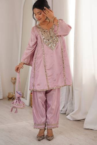 Pink miror work & embroidered work silk blend stitched kurti & bottom set