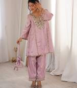 Pink miror work & embroidered work silk blend stitched kurti & bottom set
