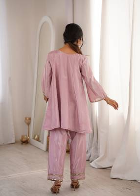 Pink miror work & embroidered work silk blend stitched kurti & bottom set 2