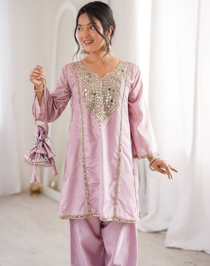 Pink miror work & embroidered work silk blend stitched kurti & bottom set