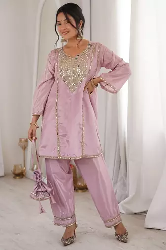 Pink miror work & embroidered work silk blend stitched kurti & bottom set