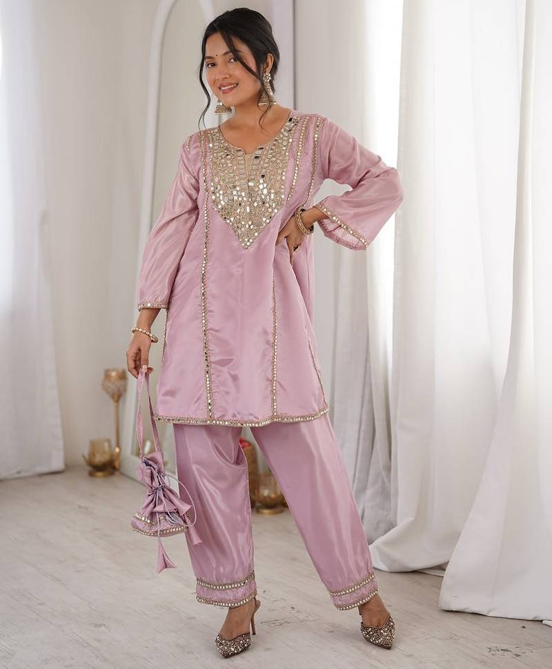 Pink miror work & embroidered work silk blend stitched kurti & bottom set