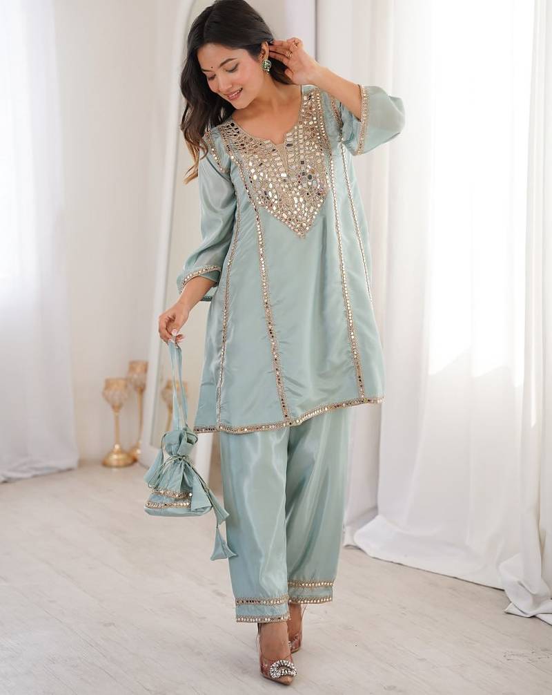 Sky blue miror work & embroidered work silk blend stitched kurti & bottom set