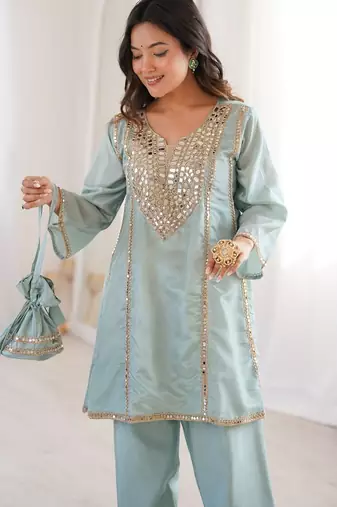 Sky blue miror work & embroidered work silk blend stitched kurti & bottom set