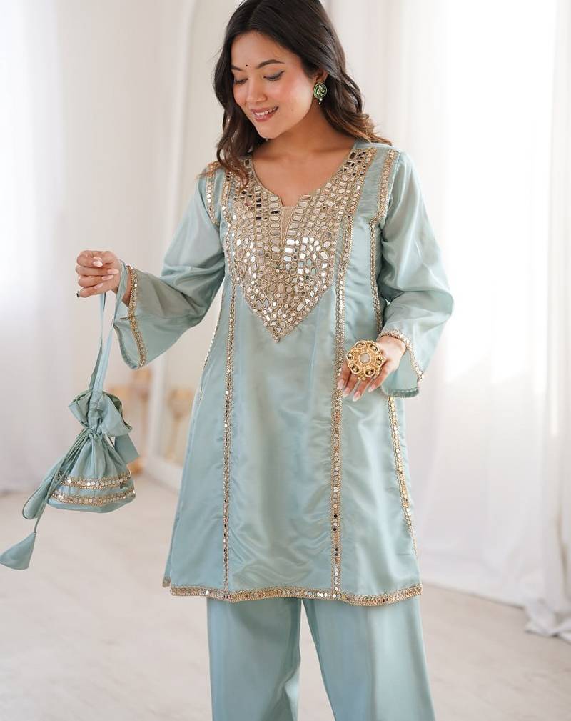 Sky blue miror work & embroidered work silk blend stitched kurti & bottom set