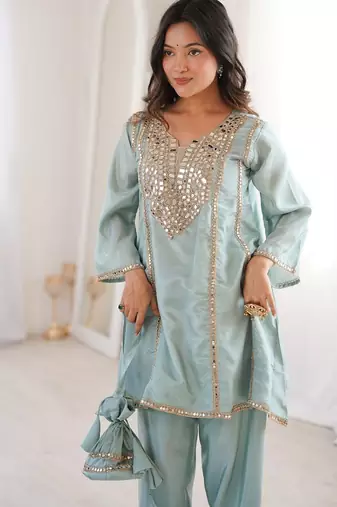 Sky blue miror work & embroidered work silk blend stitched kurti & bottom set