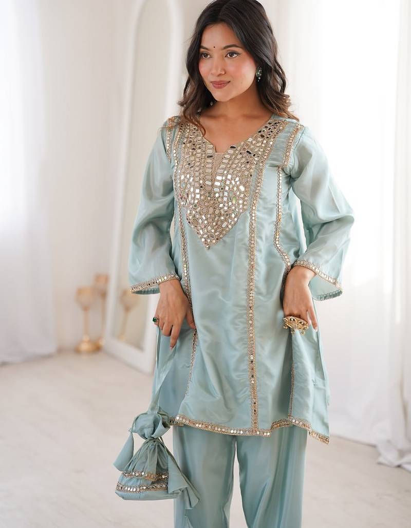 Sky blue miror work & embroidered work silk blend stitched kurti & bottom set