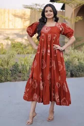 Maroon digital printed cotton stitched kurti for women