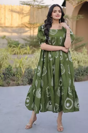 Green digital printed cotton stitched kurti for women