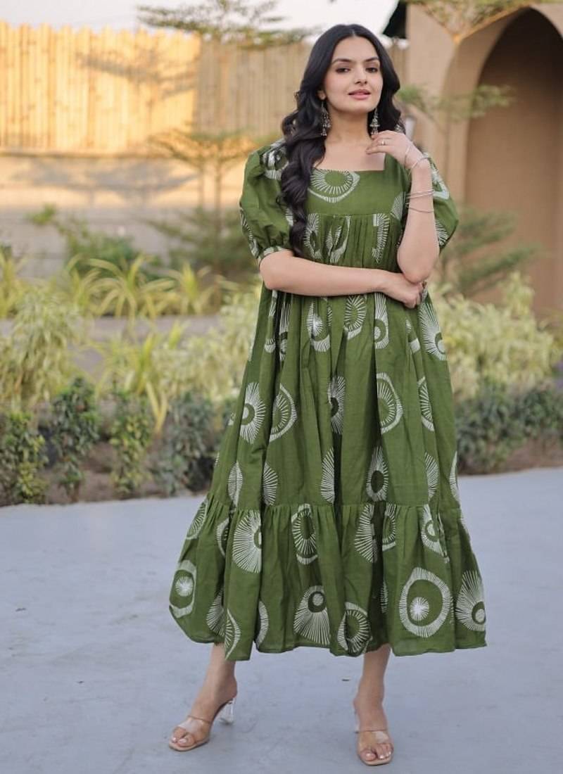 Green digital printed cotton stitched kurti for women