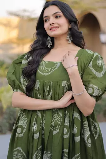 Green digital printed cotton stitched kurti for women