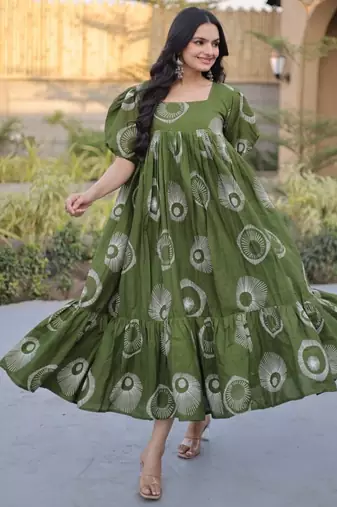 Green digital printed cotton stitched kurti for women