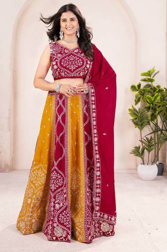 Rani Pink Color Sequins and Treads Embroidery Work Silk Lahenga Choli Set