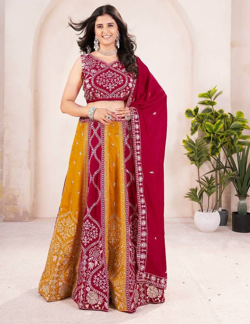 Rani Pink Color Sequins and Treads Embroidery Work Silk Lahenga Choli Set