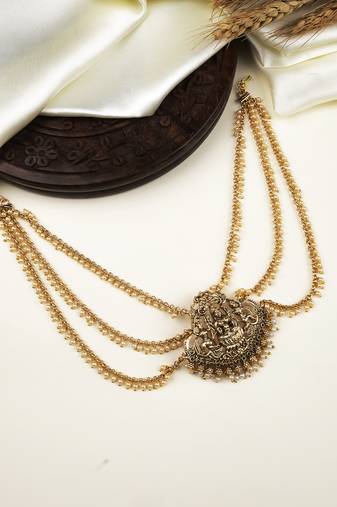  designer temple padlakshmi hair brooch with pearl chain