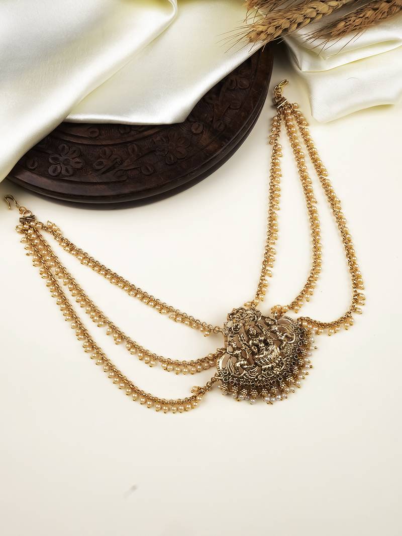  designer temple padlakshmi hair brooch with pearl chain