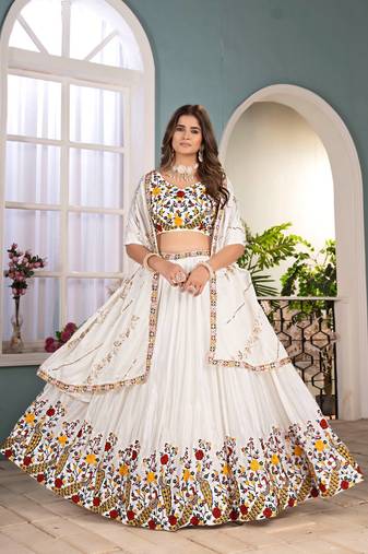 White Color  Sequins and Thread Embroidery Work Chinon Silk Lahenga Choli Set