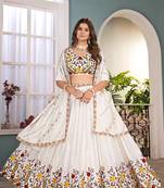 White Color  Sequins and Thread Embroidery Work Chinon Silk Lahenga Choli Set