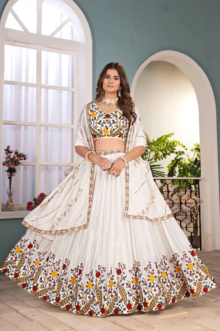 White Color  Sequins and Thread Embroidery Work Chinon Silk Lahenga Choli Set