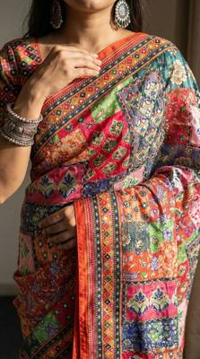 Multi Color Mirror work And Piping Saree Border and ajarakh PrintRoman Silk 2