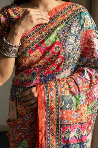 Multi Color Mirror work And Piping Saree Border and ajarakh PrintRoman Silk