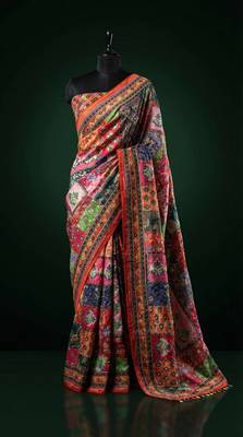 Multi Color Mirror work And Piping Saree Border and ajarakh PrintRoman Silk 1