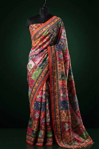 Multi Color Mirror work And Piping Saree Border and ajarakh PrintRoman Silk