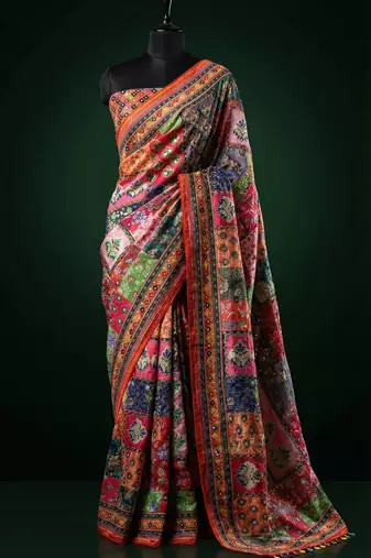 Multi Color Mirror work And Piping Saree Border and ajarakh PrintRoman Silk
