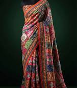 Multi Color Mirror work And Piping Saree Border and ajarakh PrintRoman Silk