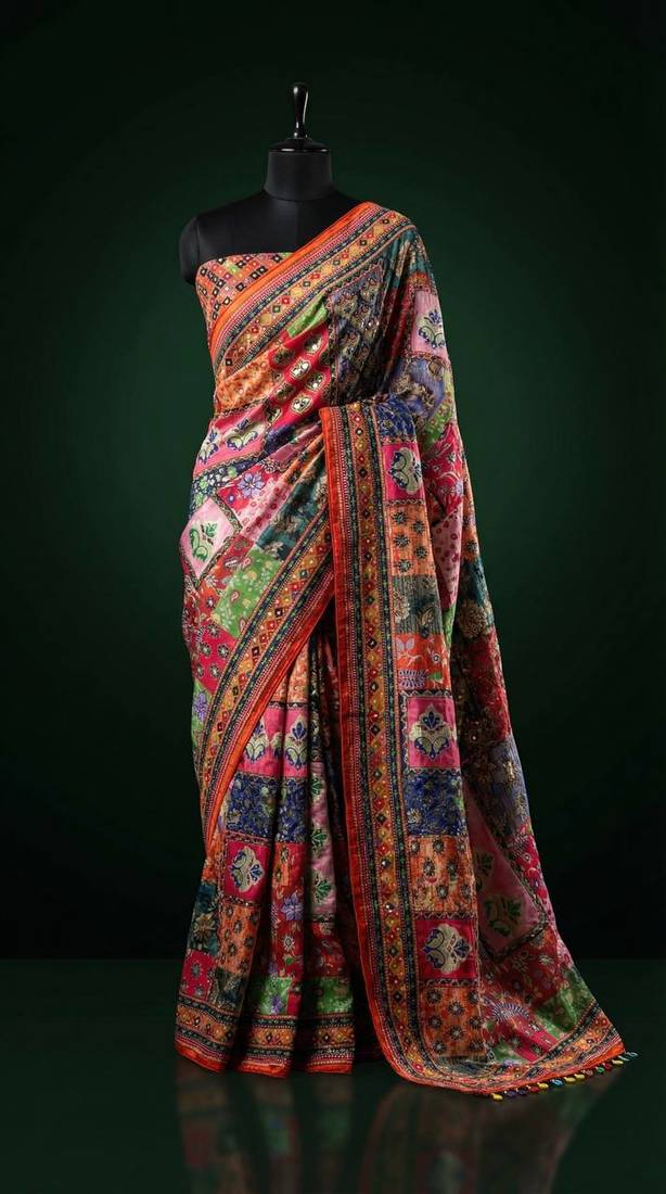 Multi Color Mirror work And Piping Saree Border and ajarakh PrintRoman Silk