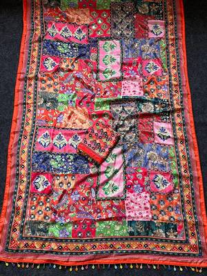 Multi Color Mirror work And Piping Saree Border and ajarakh PrintRoman Silk 3