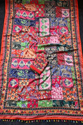 Multi Color Mirror work And Piping Saree Border and ajarakh PrintRoman Silk