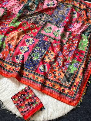 Multi Color Mirror work And Piping Saree Border and ajarakh PrintRoman Silk 4