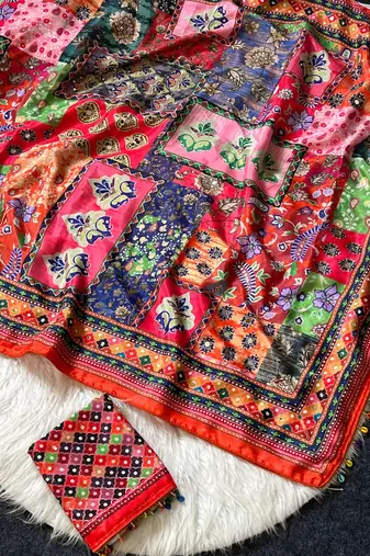 Multi Color Mirror work And Piping Saree Border and ajarakh PrintRoman Silk