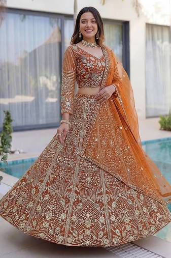 Orange Color Sequins and Codding Embroidery Work Net Lahenga Choli Set