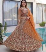 Orange Color Sequins and Codding Embroidery Work Net Lahenga Choli Set