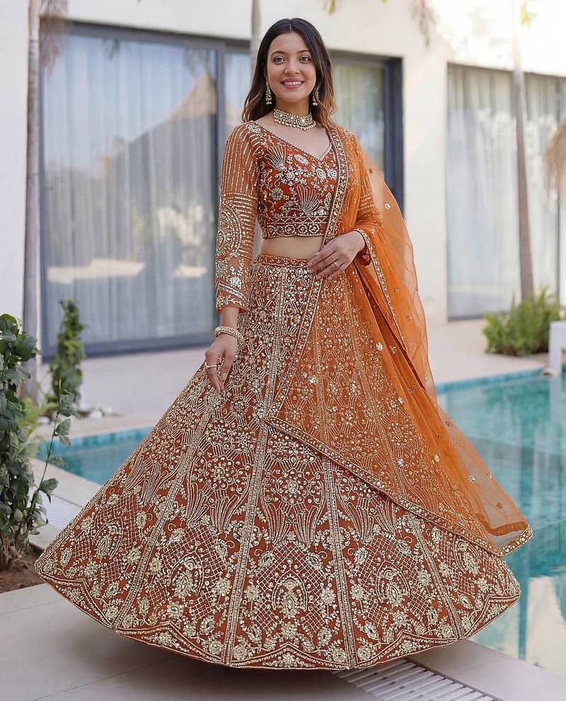 Orange Color Sequins and Codding Embroidery Work Net Lahenga Choli Set