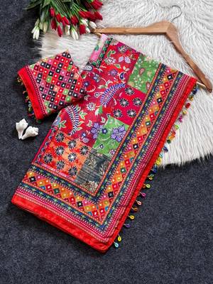 Multi Color Mirror work And Piping Saree Border and ajarakh PrintRoman Silk 5