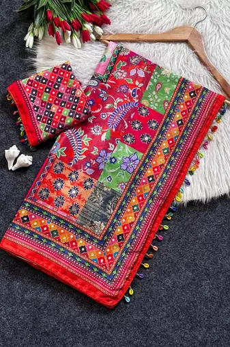 Multi Color Mirror work And Piping Saree Border and ajarakh PrintRoman Silk