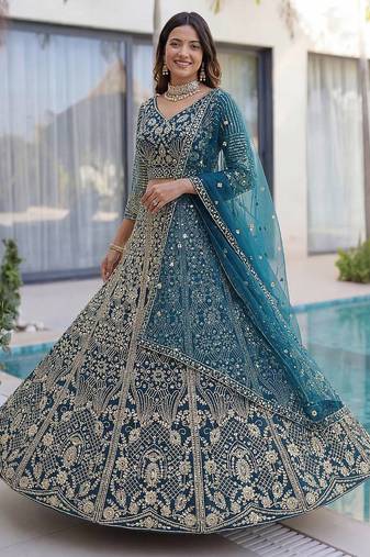 Teal Color Sequins and Codding Embroidery Work Net Lahenga Choli Set