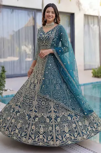 Teal Color Sequins and Codding Embroidery Work Net Lahenga Choli Set