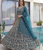 Teal Color Sequins and Codding Embroidery Work Net Lahenga Choli Set