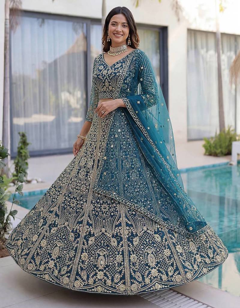 Teal Color Sequins and Codding Embroidery Work Net Lahenga Choli Set