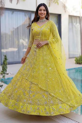 Yellow Color Sequins and Codding Embroidery Work Net Lahenga Choli Set