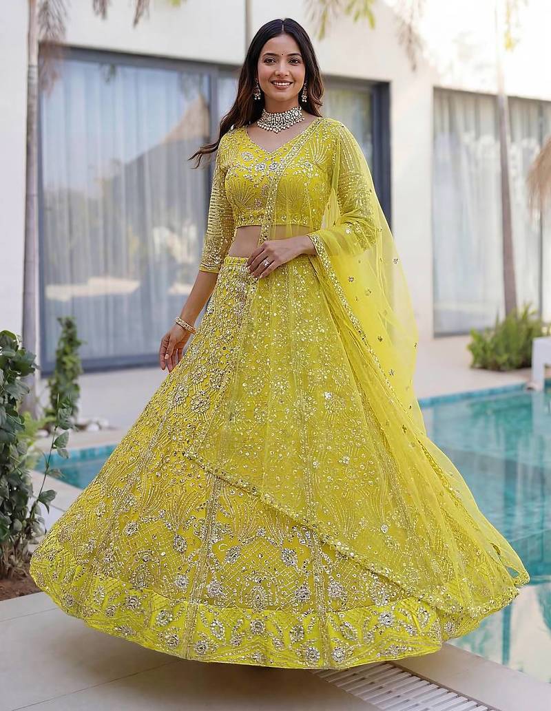 Yellow Color Sequins and Codding Embroidery Work Net Lahenga Choli Set