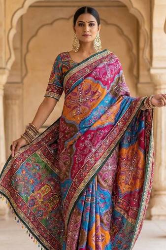 Multi Color Mirror work And Piping Saree Border and ajarakh PrintRoman Silk