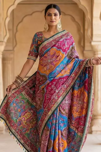 Multi Color Mirror work And Piping Saree Border and ajarakh PrintRoman Silk