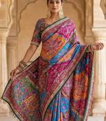 Multi Color Mirror work And Piping Saree Border and ajarakh PrintRoman Silk