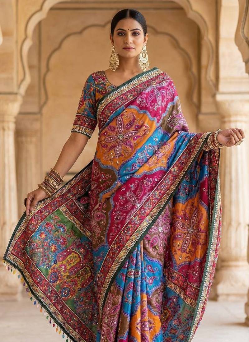 Multi Color Mirror work And Piping Saree Border and ajarakh PrintRoman Silk